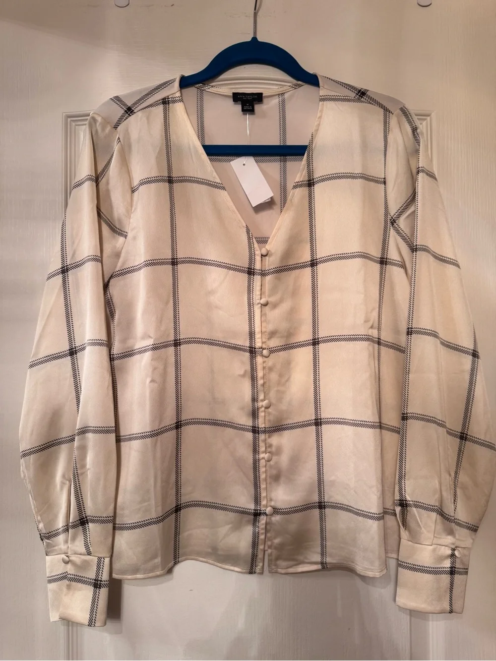 New ! Ann Taylor Cream Button-Front Windowpane Blouse